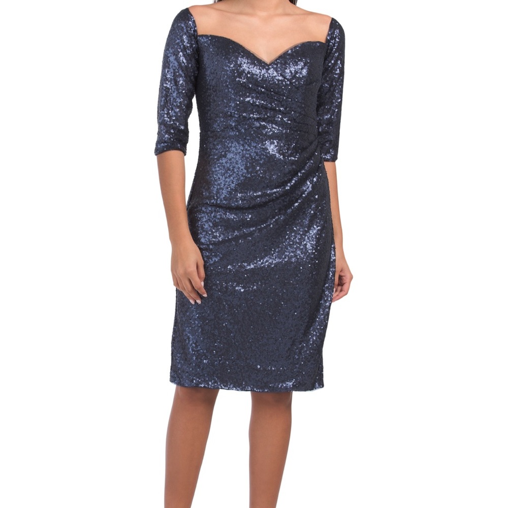 Rene Ruiz 3/4 Sleeve Off the Shoulder Sequin Formal Dress Blue sz 4